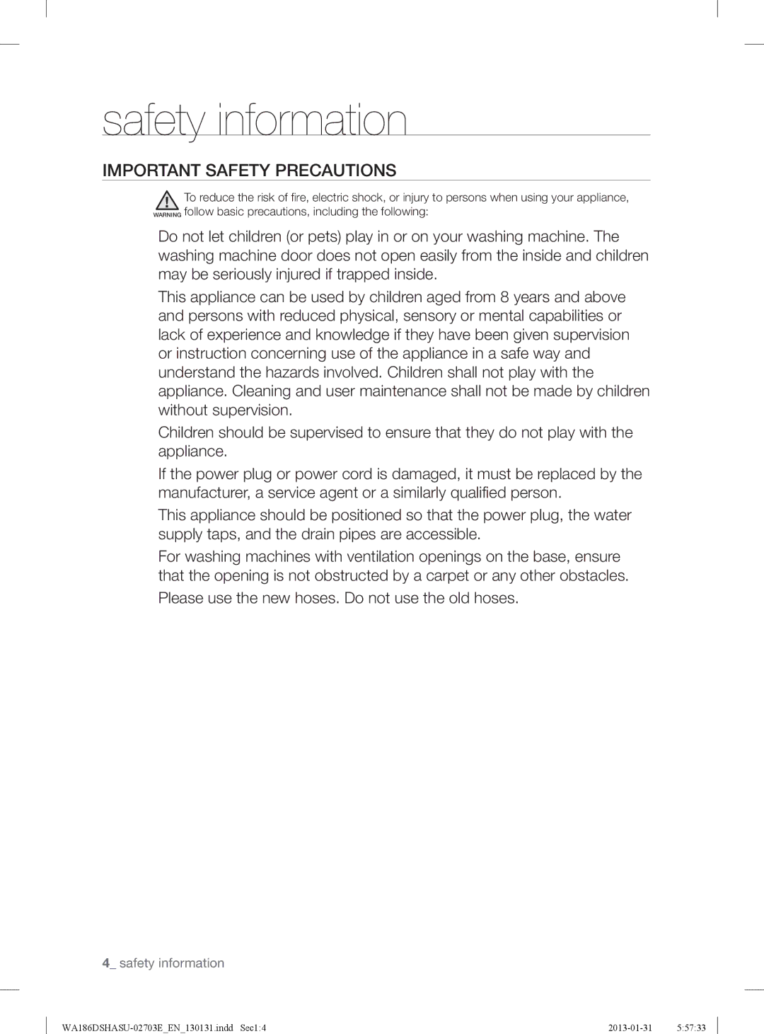 Samsung WA186DSHASU/YL manual Important Safety Precautions 