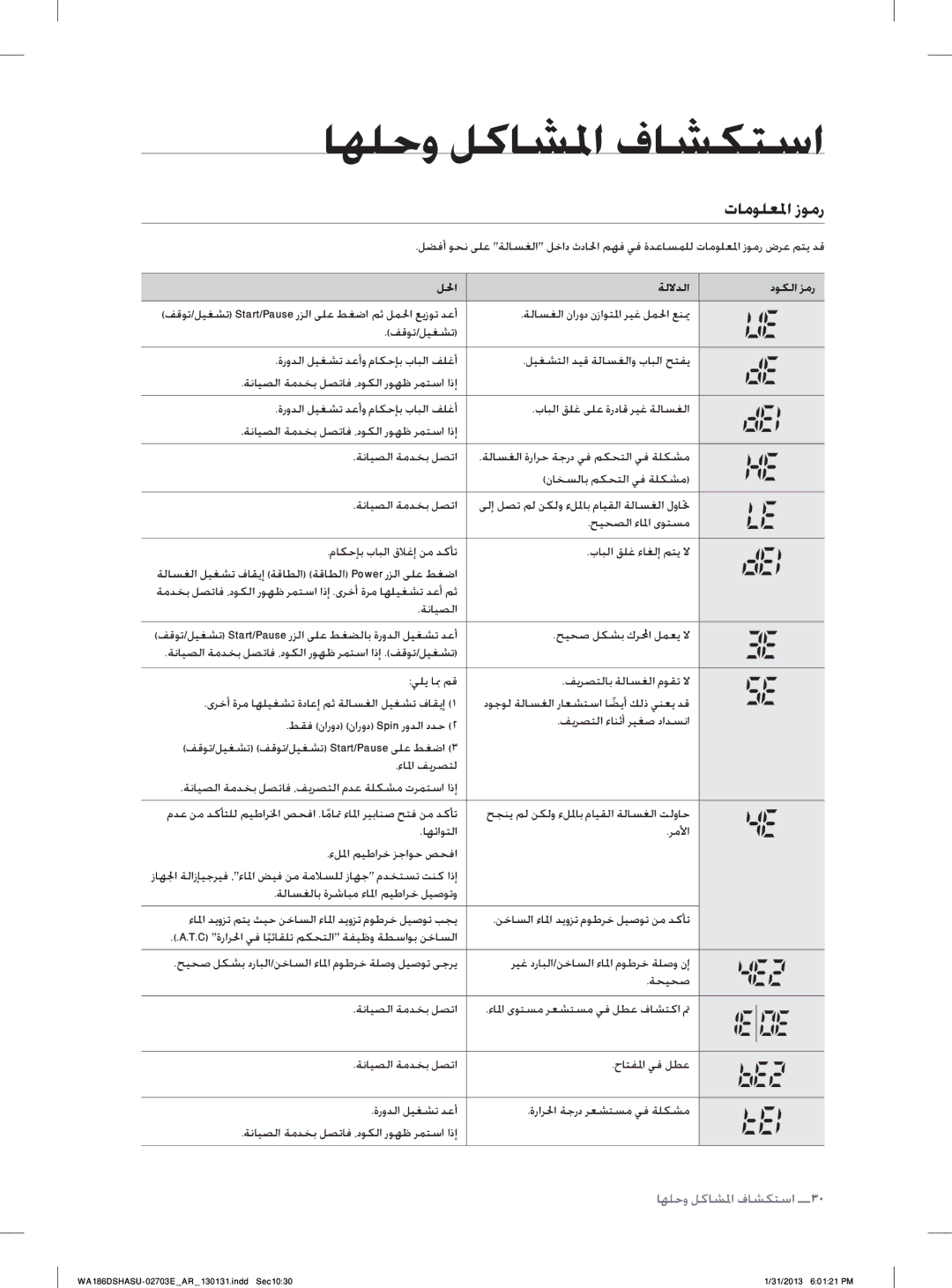 Samsung WA186DSHASU/YL manual ﺕﺎﻣﻮﻠﻌﳌﺍ ﺯﻮﻣﺭ, ﻞﳊﺍ ﺔﻟﻻﺪﻟﺍ ﺩﻮﻜﻟﺍ ﺰﻣﺭ 