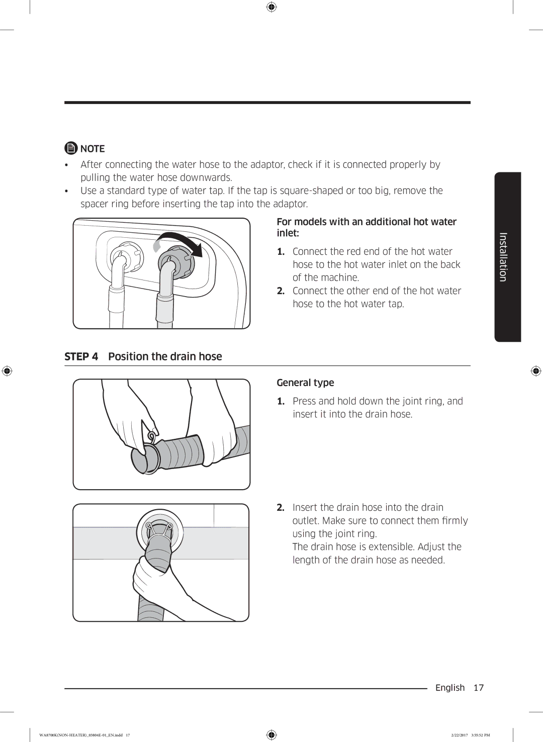 Samsung WA18M8700GV/SV manual Position the drain hose 