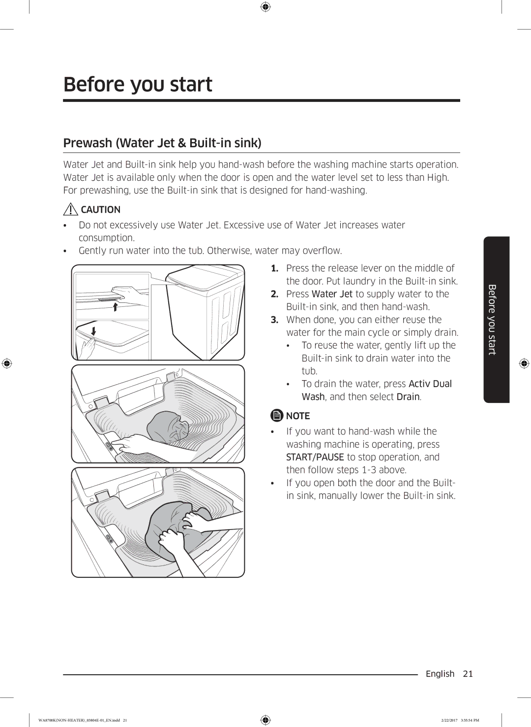 Samsung WA18M8700GV/SV manual Before you start, Prewash Water Jet & Built-in sink 