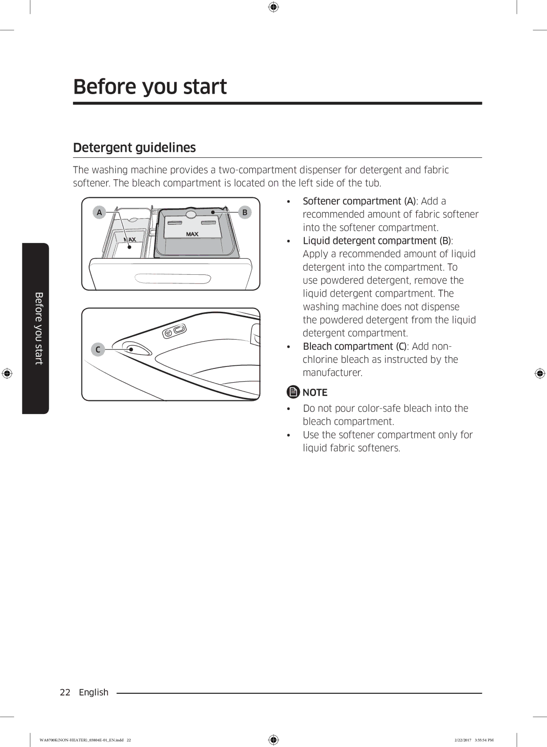 Samsung WA18M8700GV/SV manual Detergent guidelines 