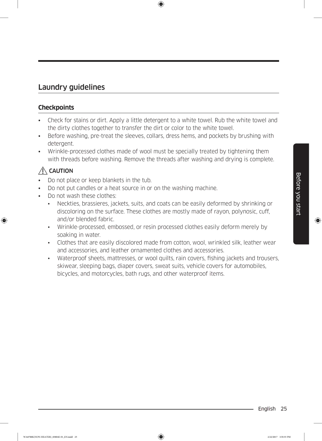 Samsung WA18M8700GV/SV manual Laundry guidelines, Checkpoints 