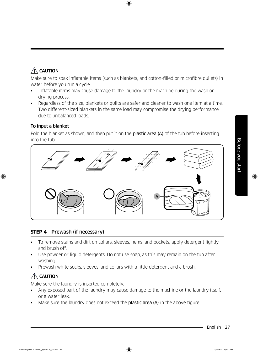 Samsung WA18M8700GV/SV manual Prewash if necessary 