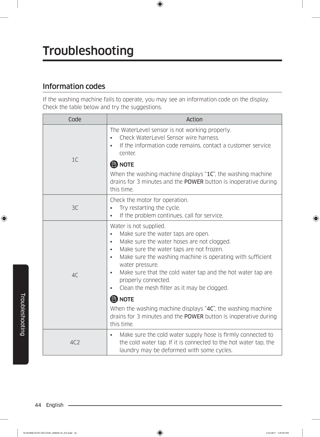 Samsung WA18M8700GV/SV manual Information codes 