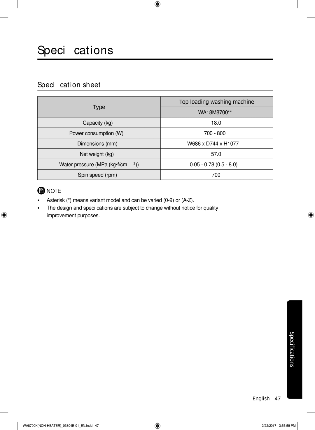 Samsung WA18M8700GV/SV manual Specifications, Specification sheet 