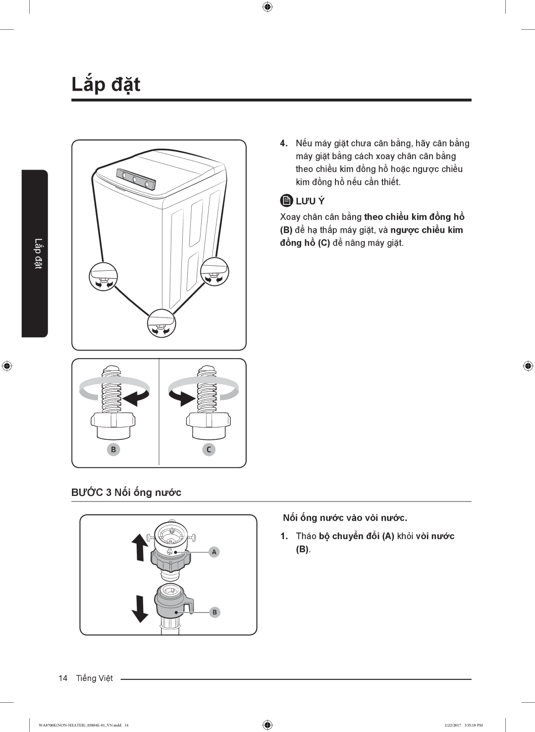 Samsung WA18M8700GV/SV manual Bước 3 Nối ống nước, Xoay chân cân bằng theo chiều kim đồng hồ 