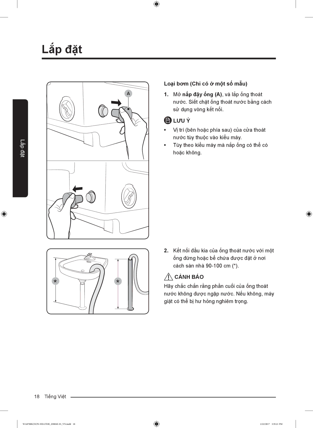 Samsung WA18M8700GV/SV manual Loại bơm Chỉ có ở một số mẫu, Mở nắp đậy ống A, và lắp ống thoát, Sử dụng vòng kết nối 