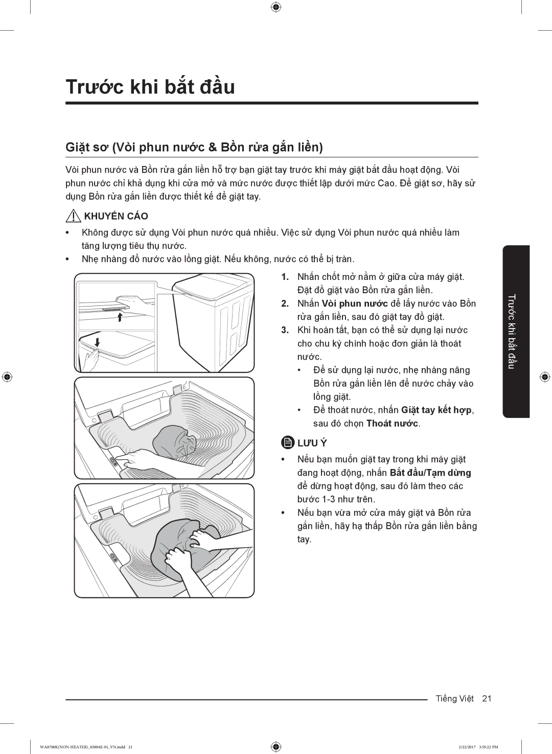 Samsung WA18M8700GV/SV manual Trước khi bắt đầu, Giặt sơ Vòi phun nước & Bồn rửa gắn liền 