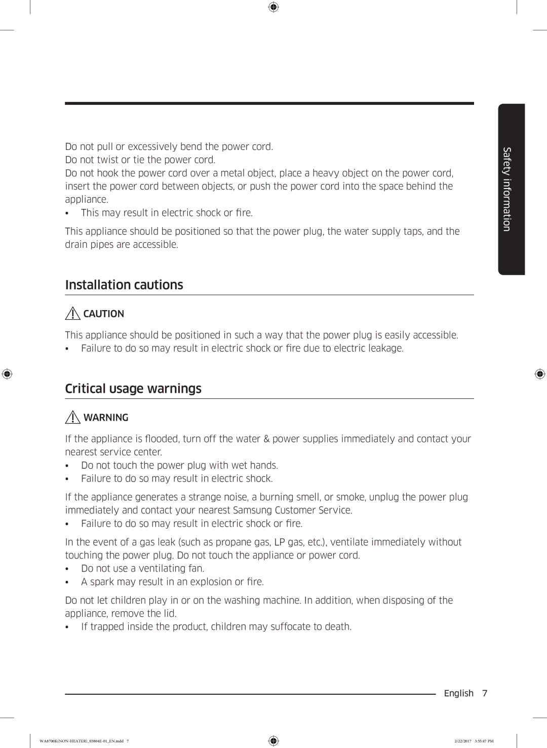 Samsung WA18M8700GV/SV manual Installation cautions, Critical usage warnings 