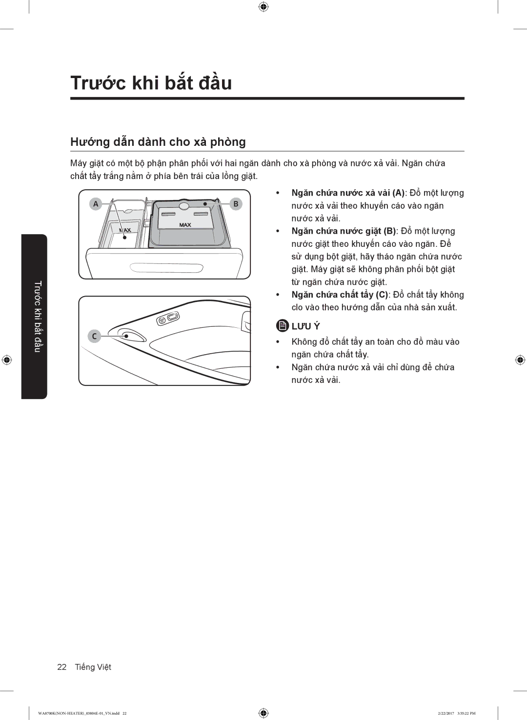 Samsung WA18M8700GV/SV manual Hướng dẫn dành cho xà phòng, Ngăn chứa nước xả vải a Đổ một lượng 