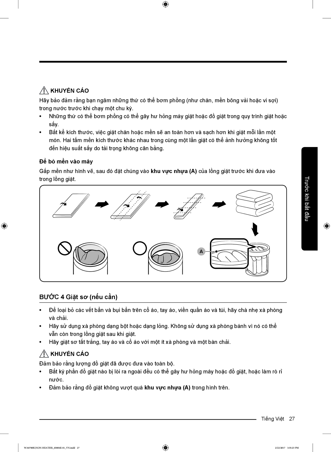 Samsung WA18M8700GV/SV manual Bước 4 Giặt sơ nếu cần, Để bỏ mền vào máy 