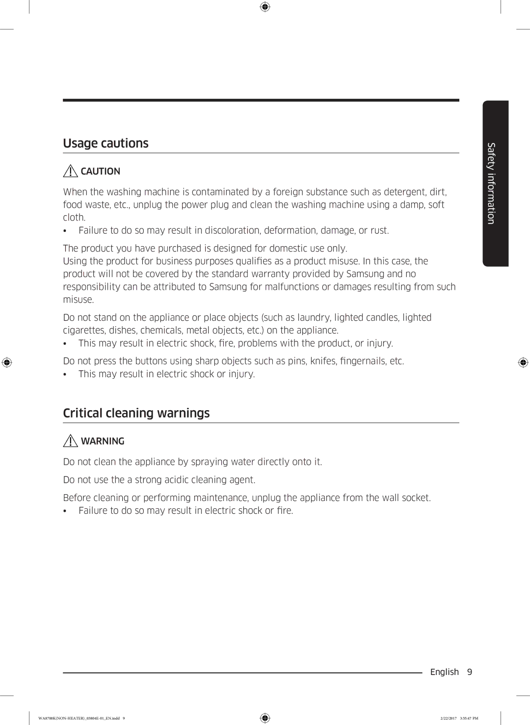 Samsung WA18M8700GV/SV manual Usage cautions, Critical cleaning warnings 