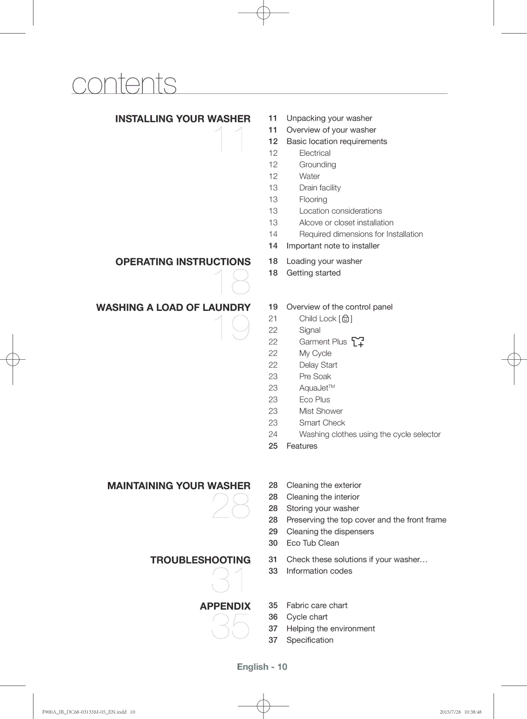 Samsung WA20F9A8DSP/YL manual Contents 