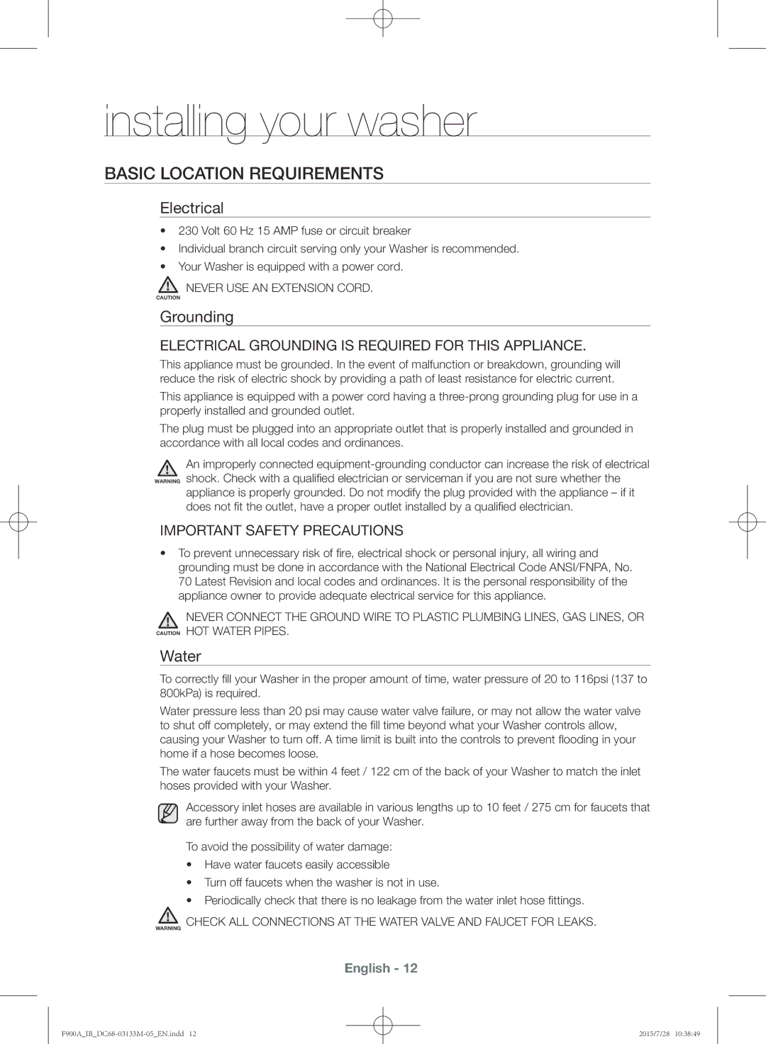 Samsung WA20F9A8DSP/YL manual Basic location requirements, Electrical, Grounding, Water 