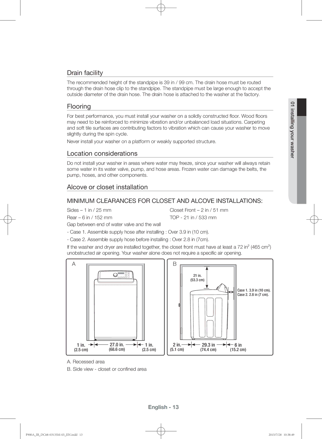 Samsung WA20F9A8DSP/YL manual Drain facility, Flooring, Location considerations, Alcove or closet installation 