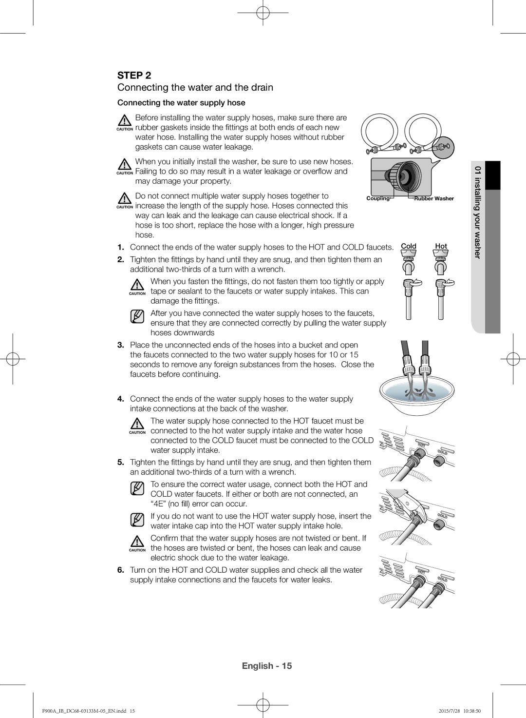 Samsung WA20F9A8DSP/YL manual Step, Connecting the water and the drain 