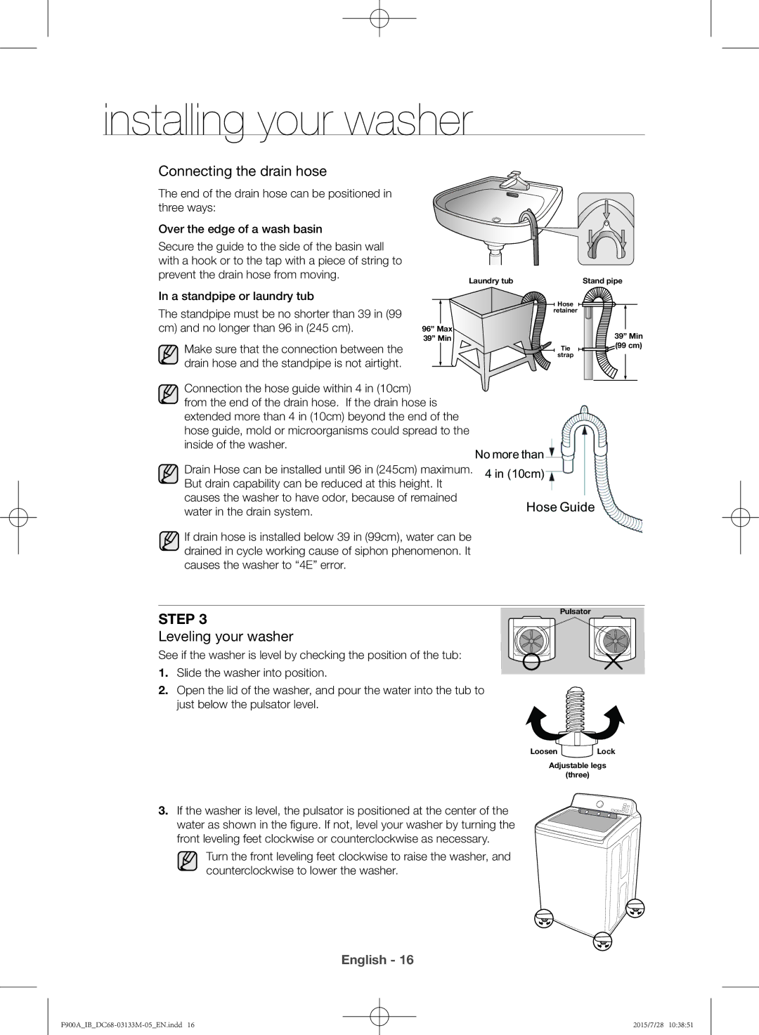 Samsung WA20F9A8DSP/YL manual Connecting the drain hose, Leveling your washer 