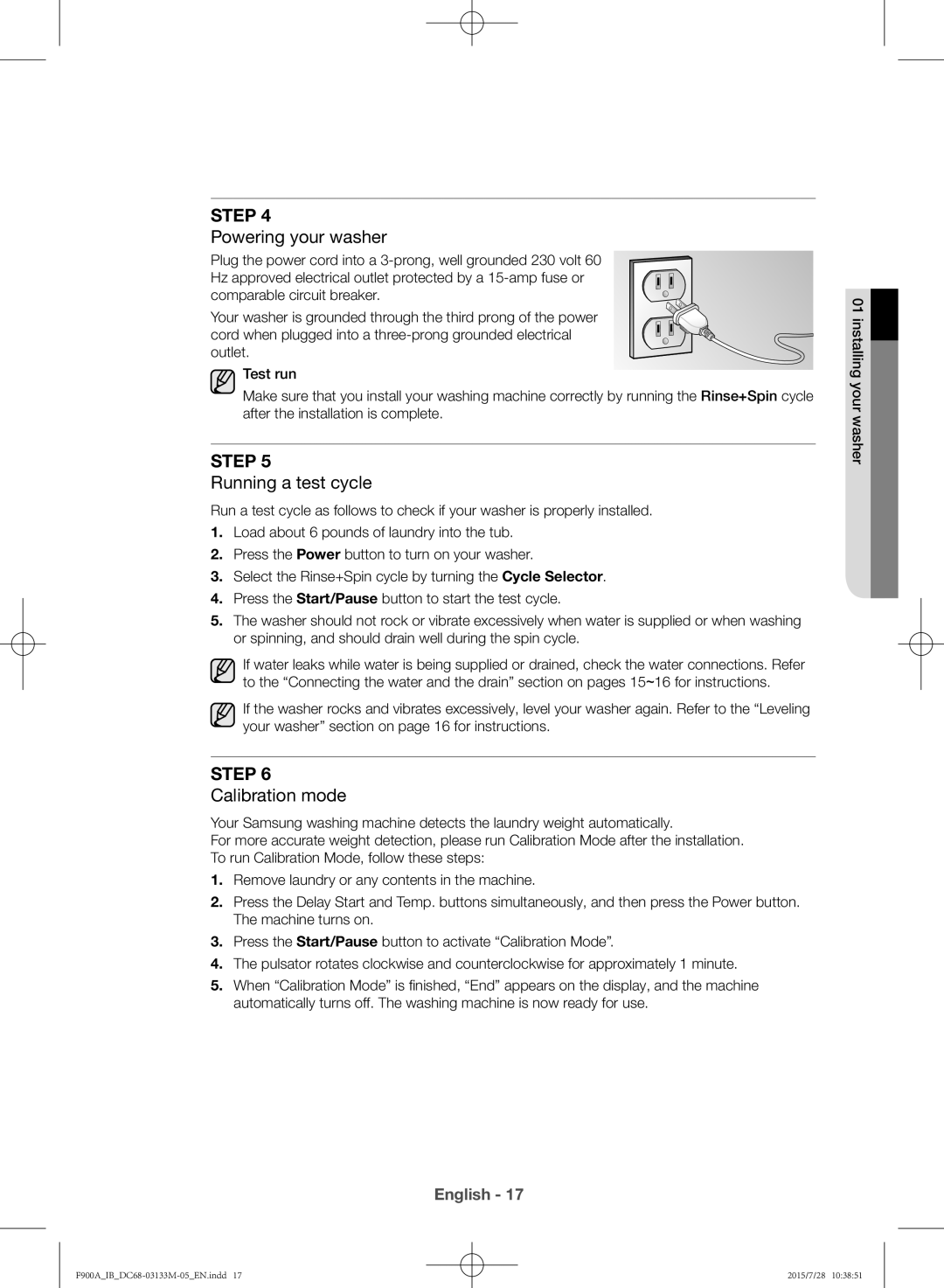 Samsung WA20F9A8DSP/YL manual Powering your washer, Running a test cycle, Calibration mode 