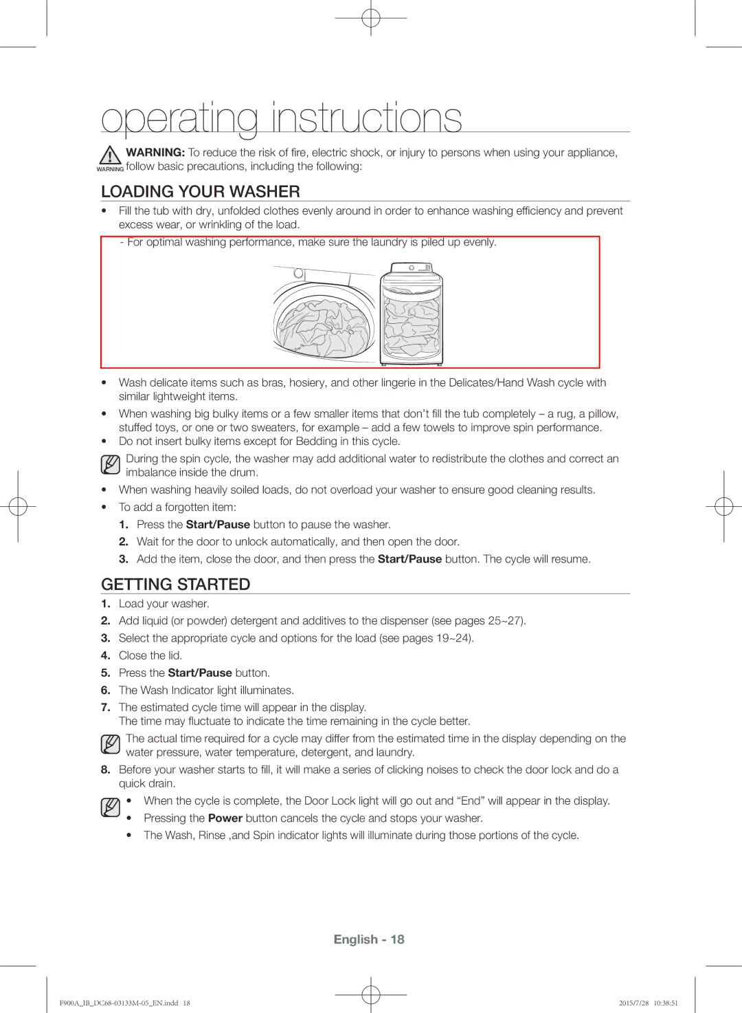 Samsung WA20F9A8DSP/YL manual Operating instructions, Loading your washer, Getting started 