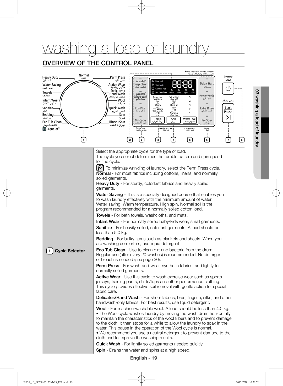 Samsung WA20F9A8DSP/YL manual Washing a load of laundry, Overview of the control panel, Cycle Selector 