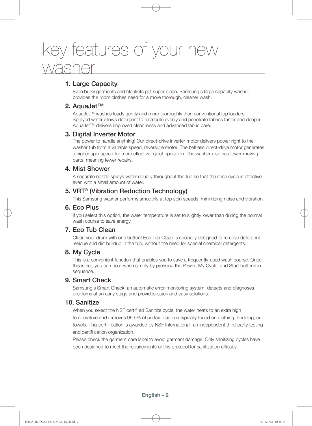 Samsung WA20F9A8DSP/YL manual Key features of your new washer 