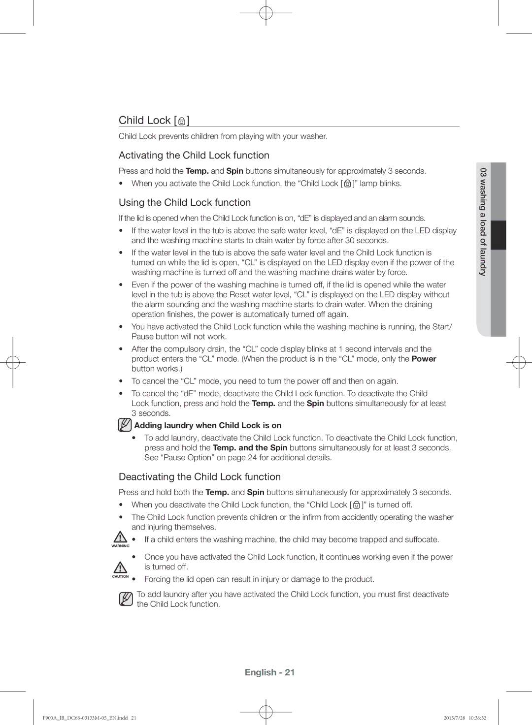 Samsung WA20F9A8DSP/YL manual Activating the Child Lock function, Using the Child Lock function 