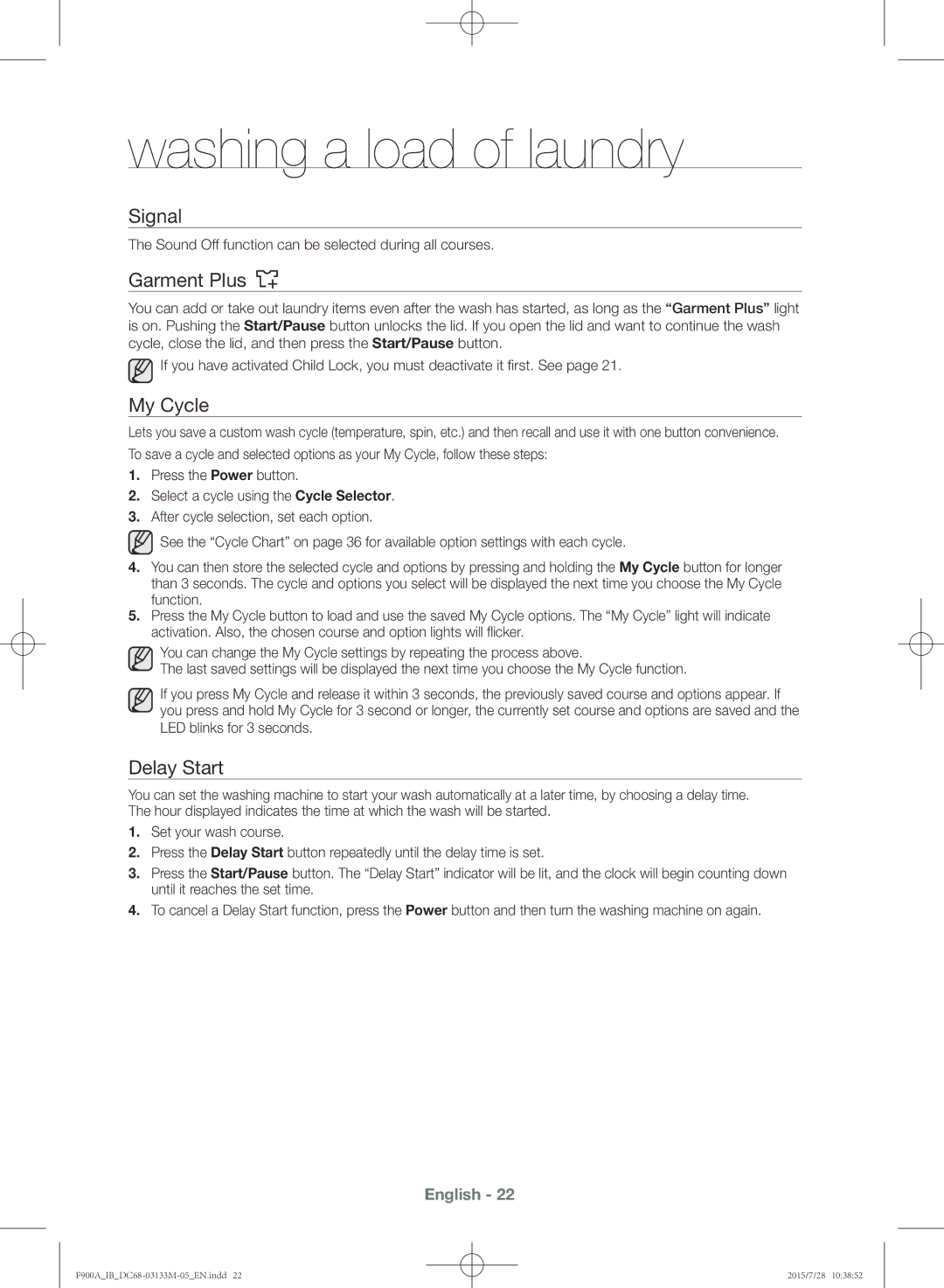 Samsung WA20F9A8DSP/YL manual Signal, Garment Plus, Delay Start 