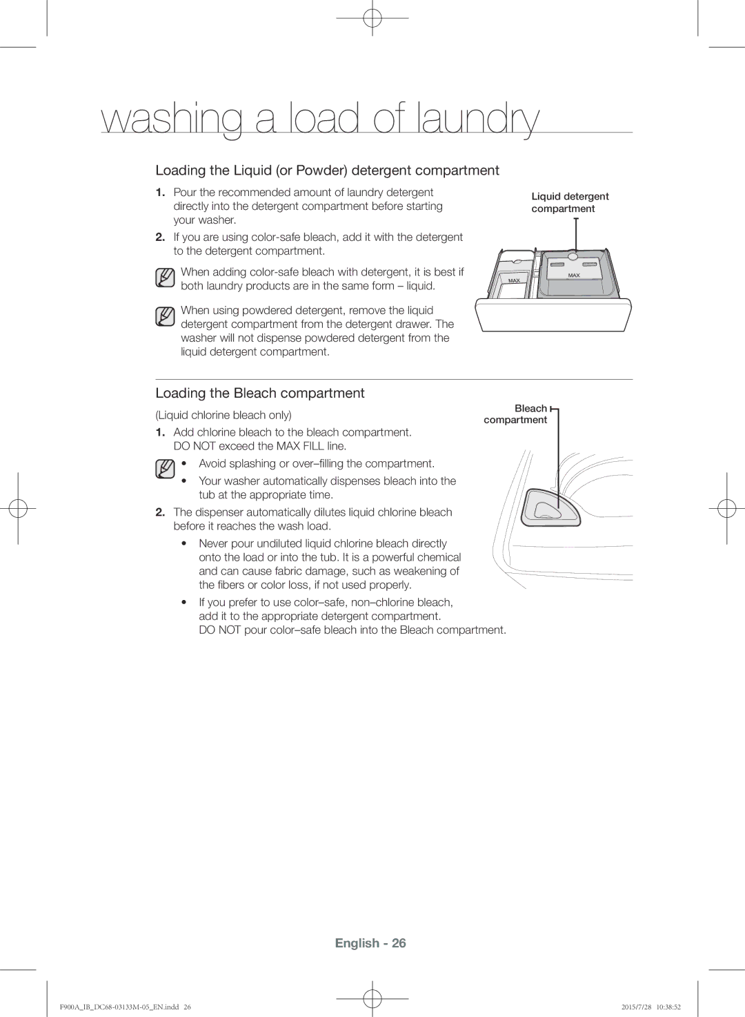 Samsung WA20F9A8DSP/YL manual Loading the Liquid or Powder detergent compartment, Loading the Bleach compartment 