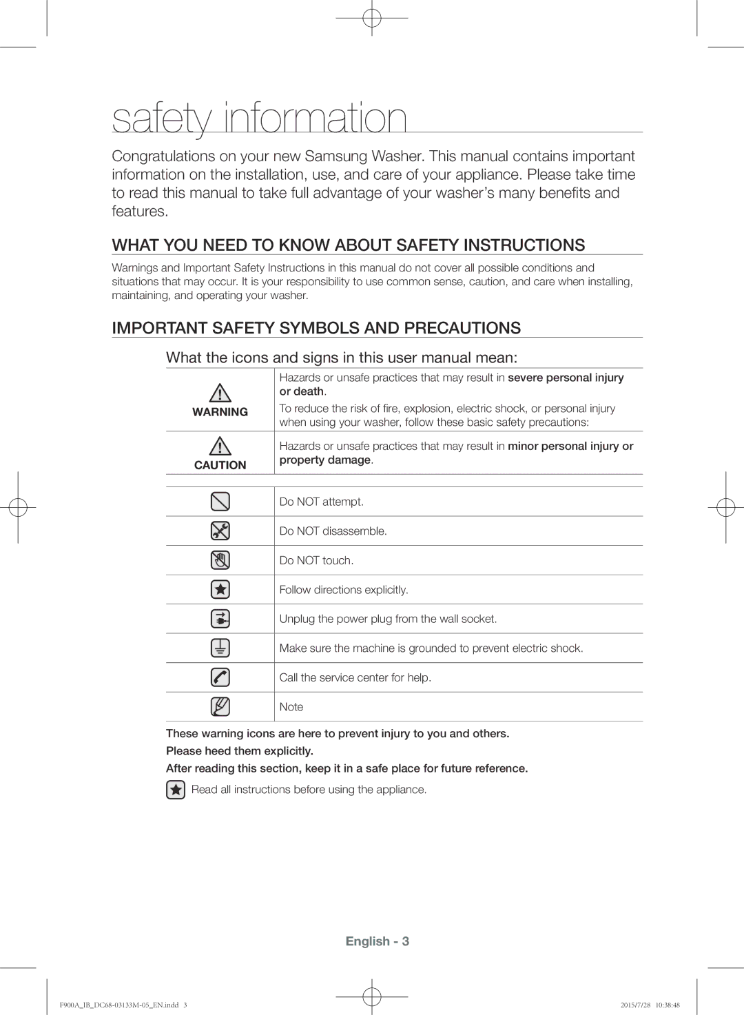 Samsung WA20F9A8DSP/YL manual Safety information 