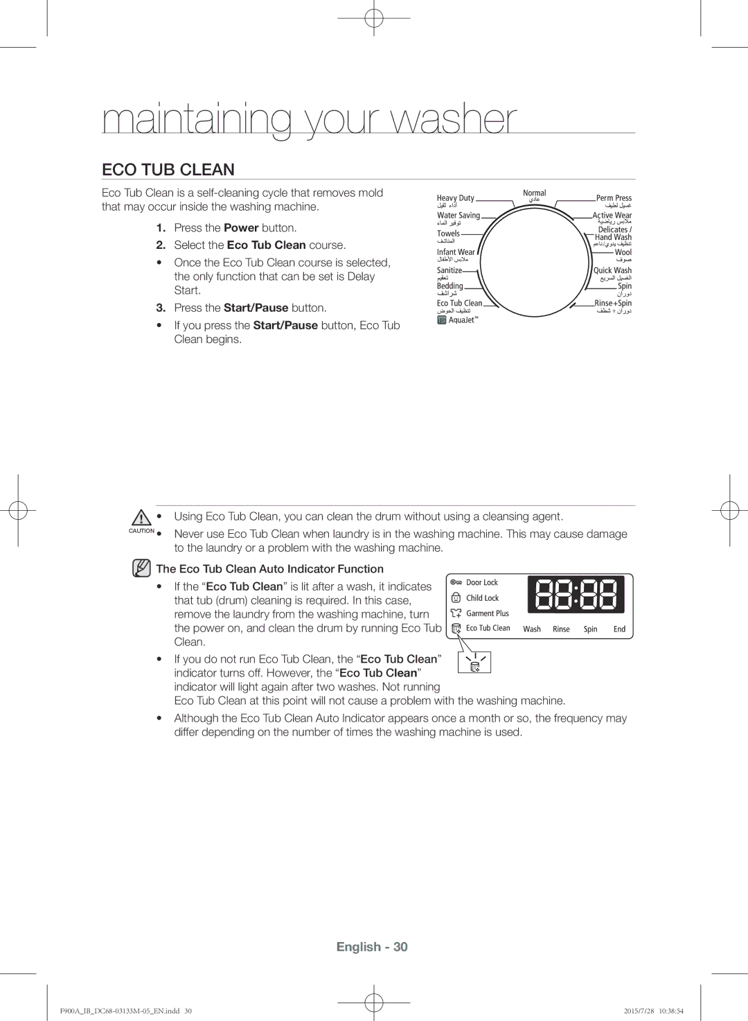 Samsung WA20F9A8DSP/YL manual Eco Tub Clean 