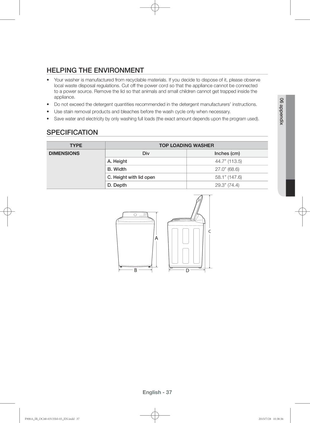 Samsung WA20F9A8DSP/YL manual Helping the environment, Specification 