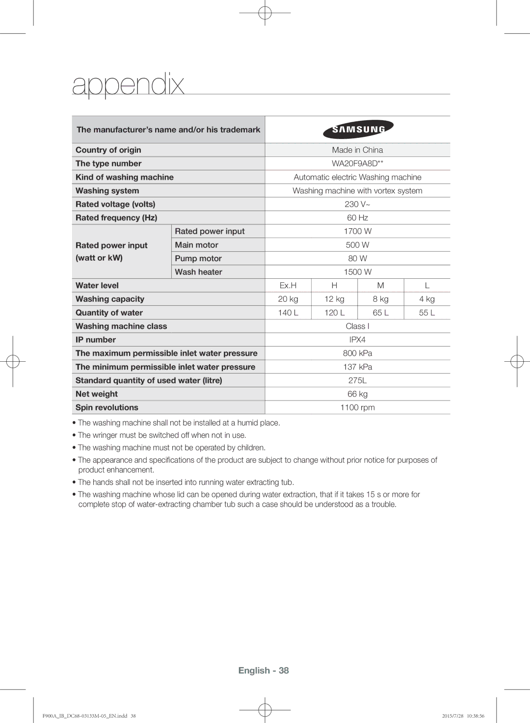 Samsung WA20F9A8DSP/YL Manufacturer’s name and/or his trademark Country of origin, Type number, Kind of washing machine 