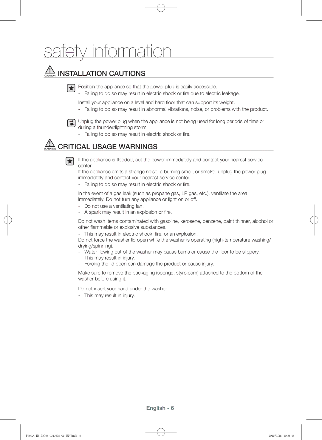 Samsung WA20F9A8DSP/YL manual Safety information 