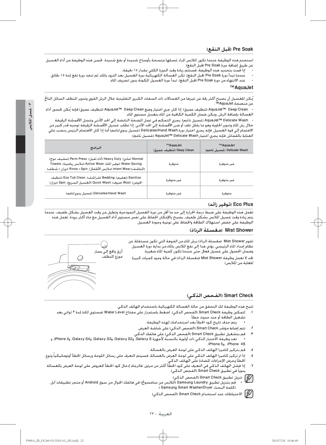 Samsung WA20F9A8DSP/YL manual عقنلا لبق Pre Soak, جماربلا AquaJet 