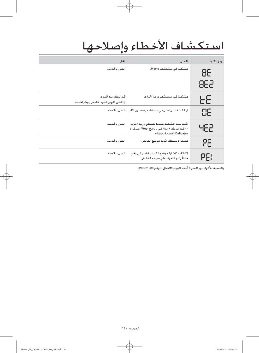 Samsung WA20F9A8DSP/YL manual للحا ىنعلما دوكلا زمر ةمدلخاب لصتا Mems رعشتسم يف ةلكشم 