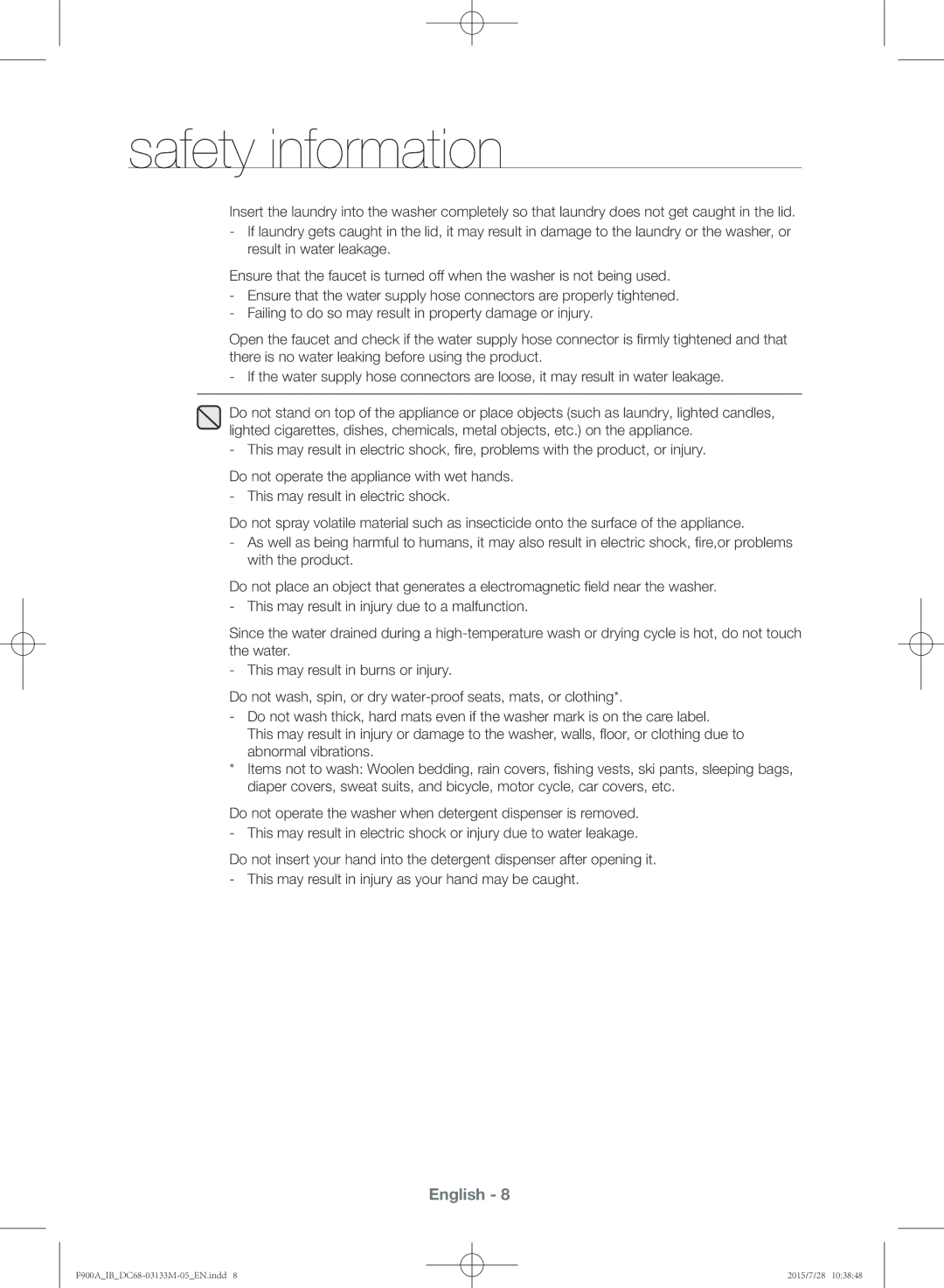 Samsung WA20F9A8DSP/YL manual Safety information 