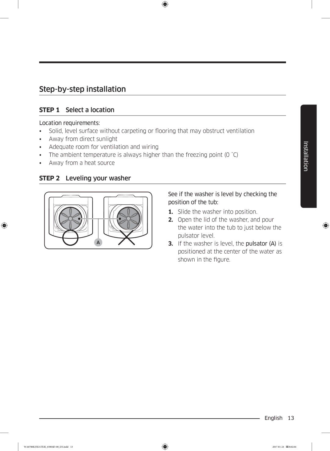 Samsung WA21M8700GV/SV manual Step-by-step installation, Select a location 