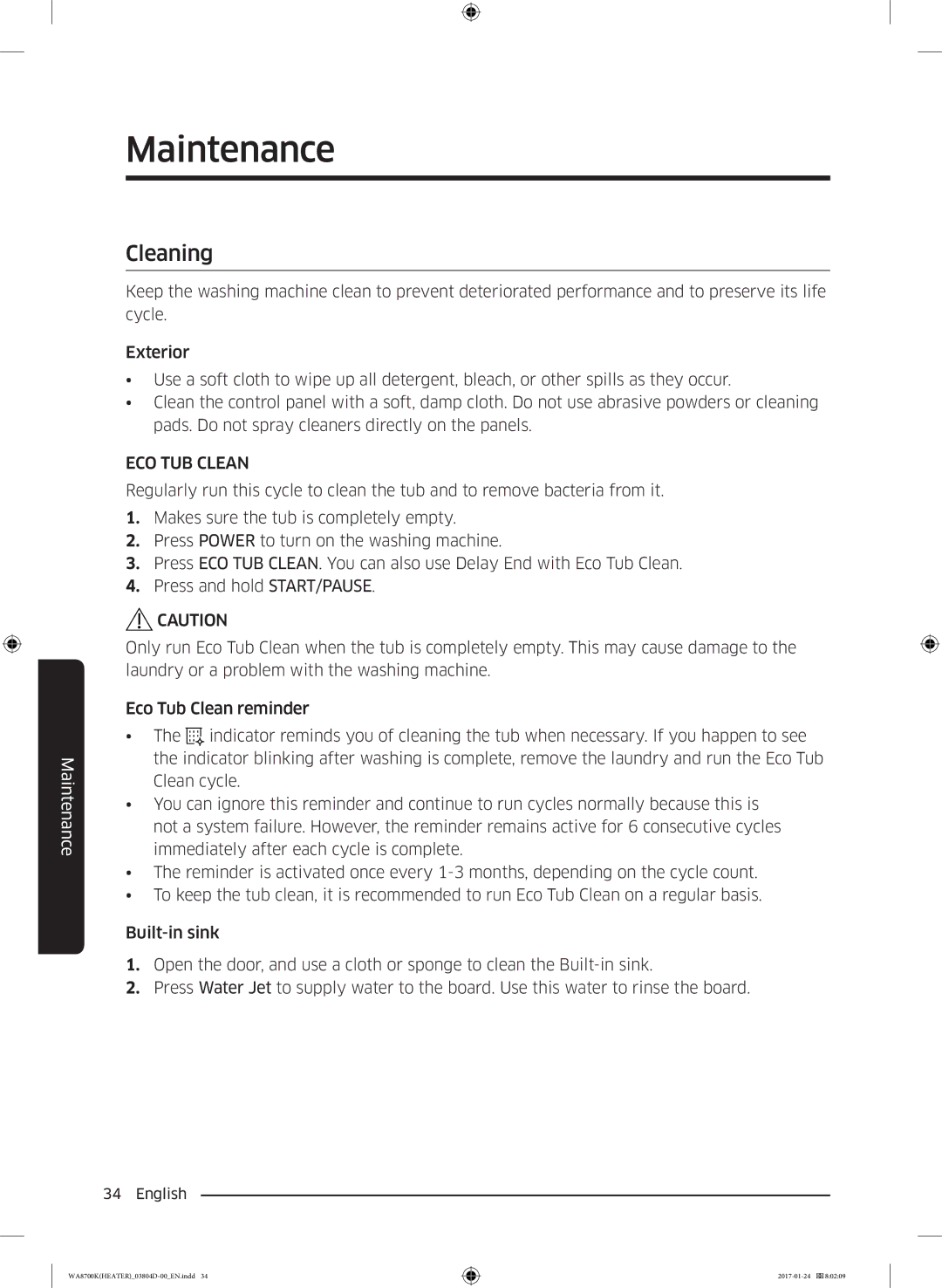 Samsung WA21M8700GV/SV manual Maintenance, Cleaning 