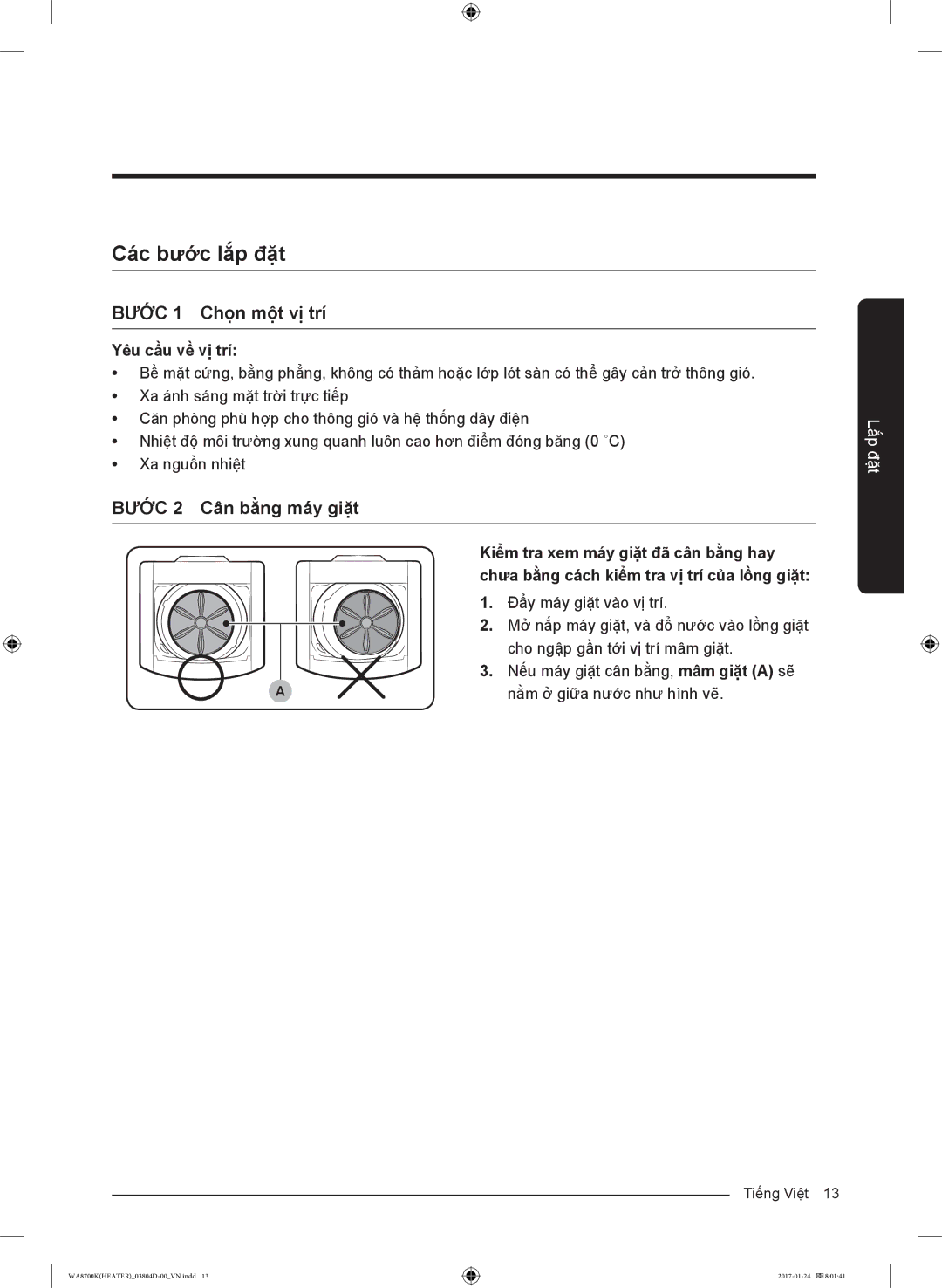 Samsung WA21M8700GV/SV manual Các bước lắp đặt, Bước 1 Chọn một vị trí, Bước 2 Cân bằng máy giặt, Yêu cầu về vị trí 