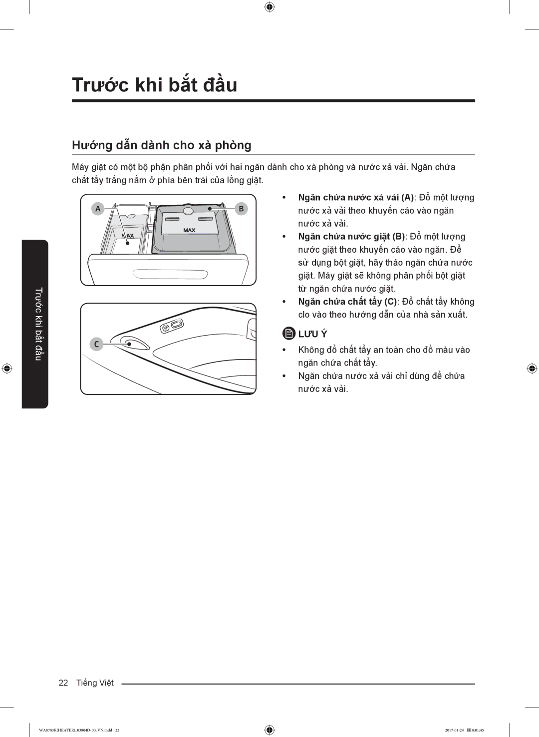 Samsung WA21M8700GV/SV manual Hướng dẫn dành cho xà phòng, Ngăn chứa nước xả vải a Đổ một lượng 