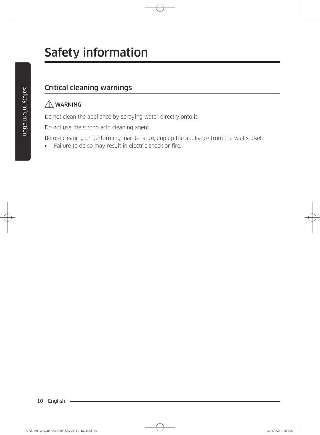 Samsung WA22J8700GP/YL manual Critical cleaning warnings 