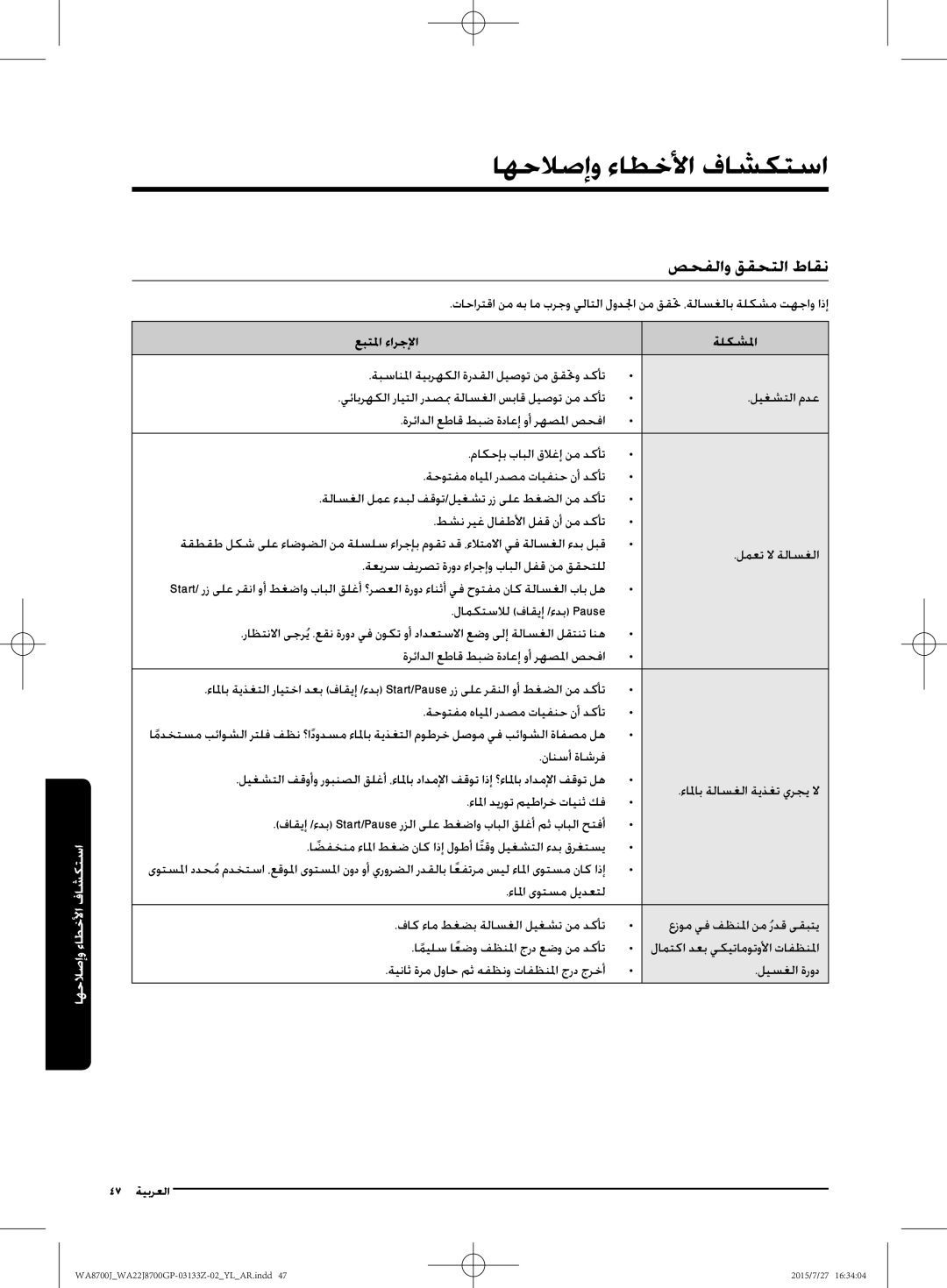 Samsung WA22J8700GP/YL manual اهحلاصإو ءاطخلأا فاشكتسا, صحفلاو ققحتلا طاقن, عبتلما ءارجلإا ةلكشلما 