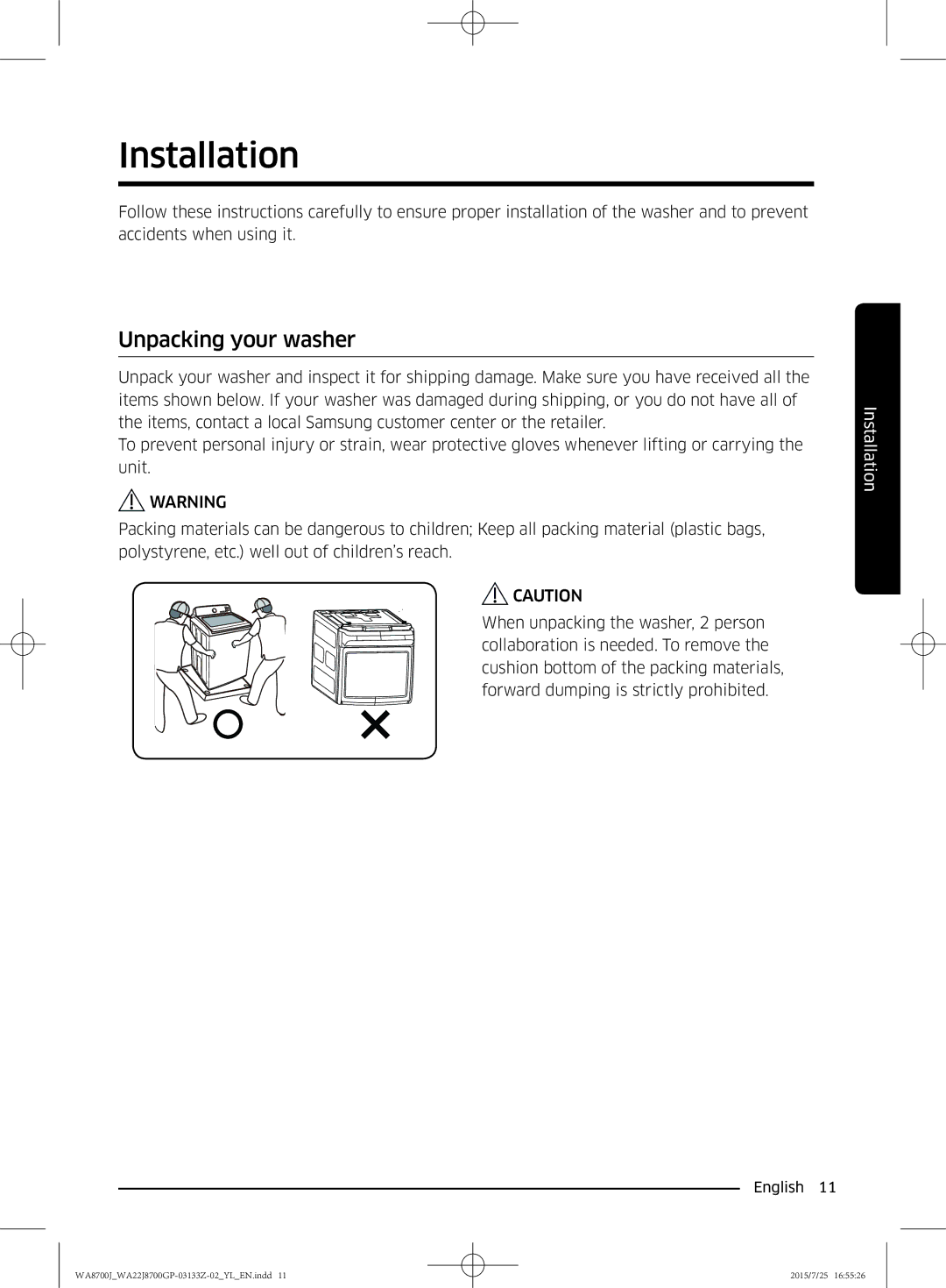 Samsung WA22J8700GP/YL manual Installation, Unpacking your washer 