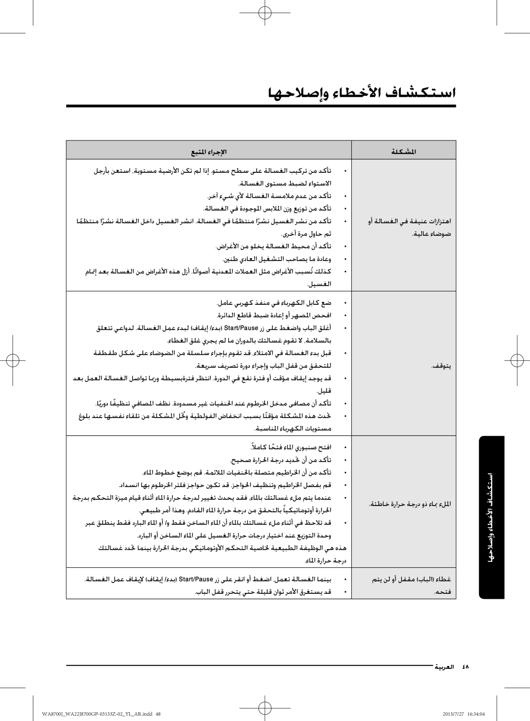 Samsung WA22J8700GP/YL manual استكشافو الأخطأاء وإصلاح 