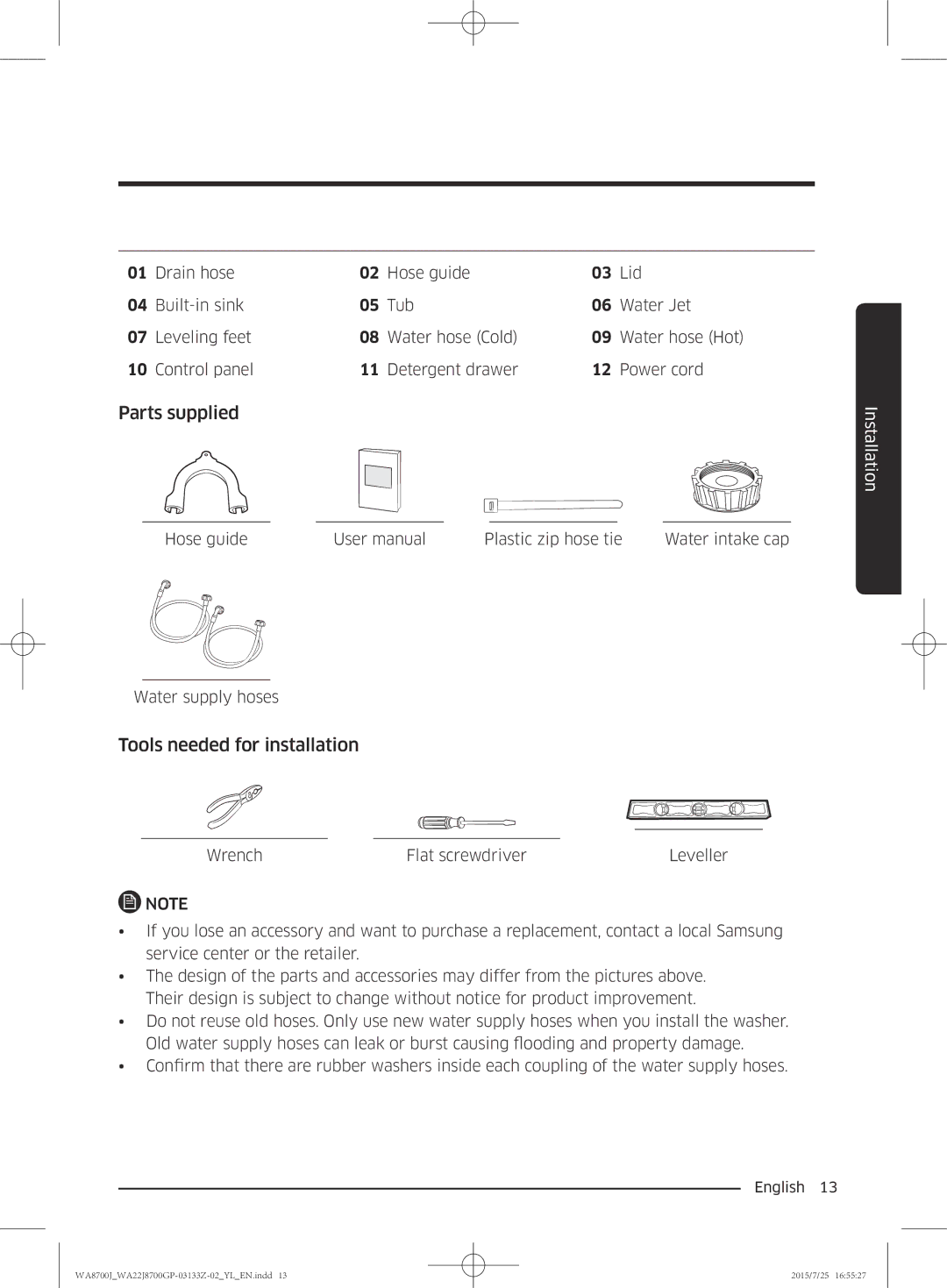 Samsung WA22J8700GP/YL manual Parts supplied, Tools needed for installation 