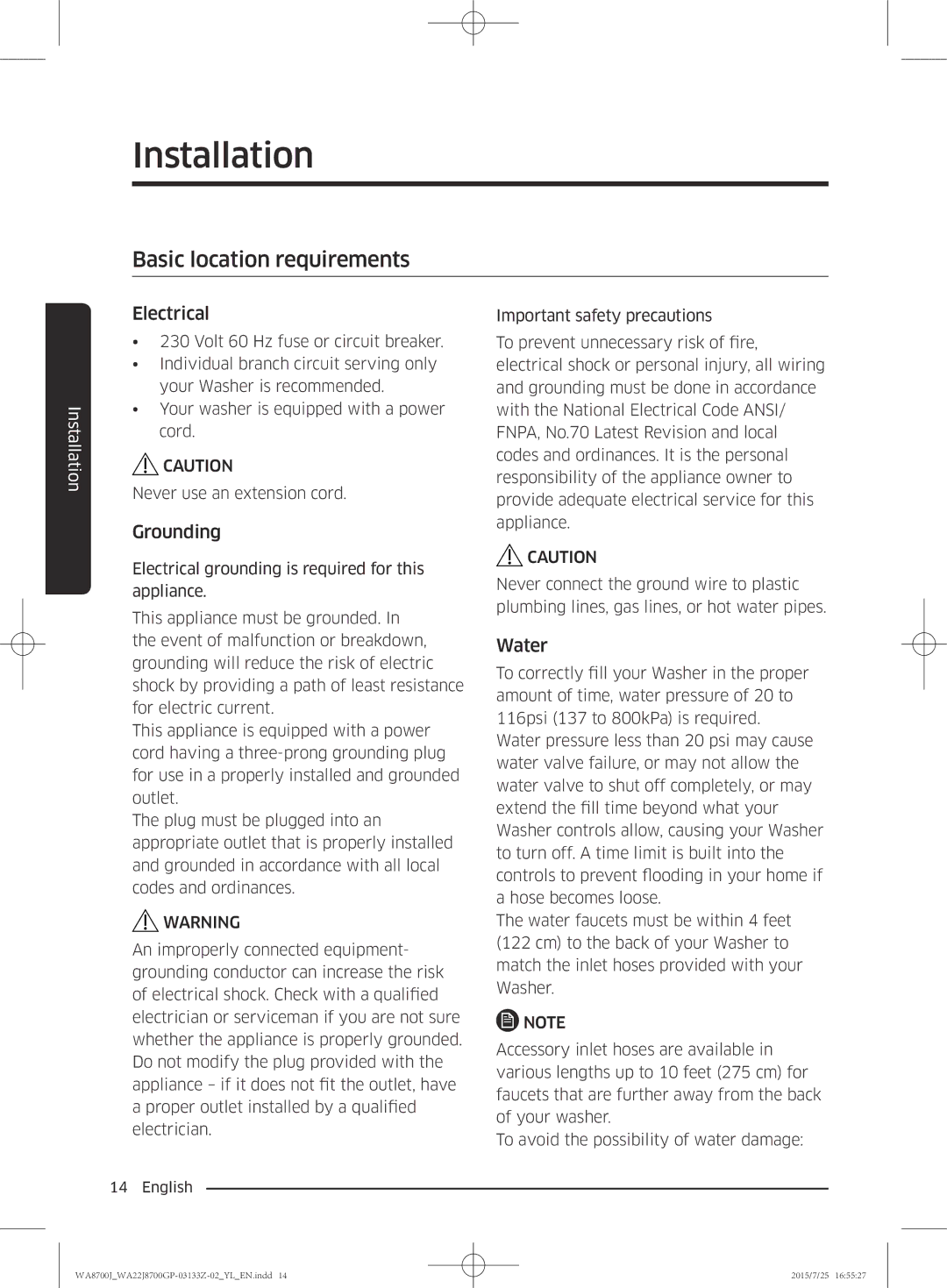 Samsung WA22J8700GP/YL manual Basic location requirements, Electrical, Grounding, Water 