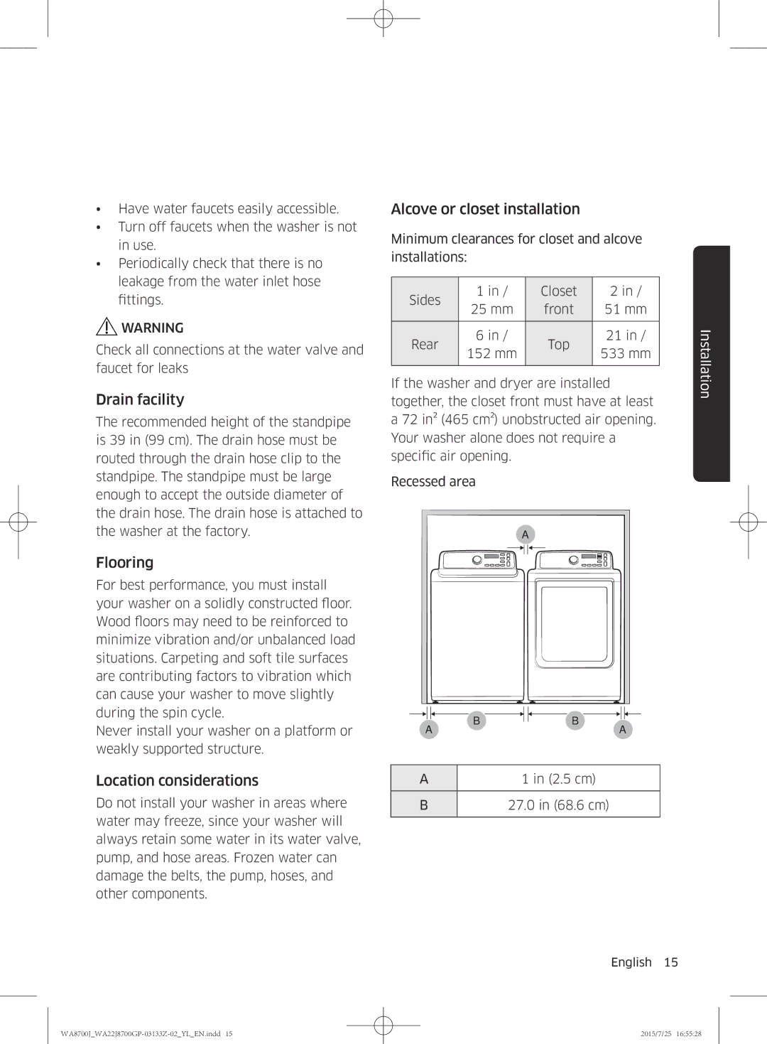 Samsung WA22J8700GP/YL manual Drain facility, Flooring, Location considerations, Alcove or closet installation 