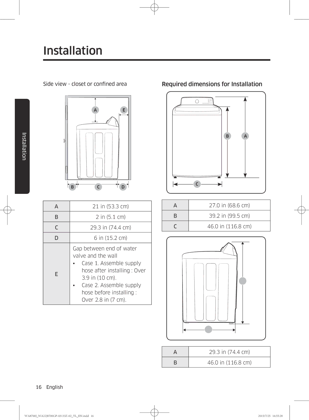 Samsung WA22J8700GP/YL manual Required dimensions for Installation 