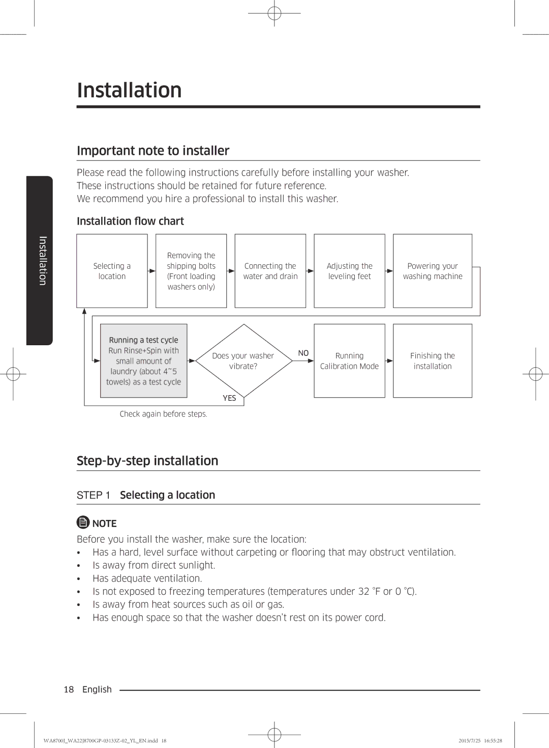 Samsung WA22J8700GP/YL manual Important note to installer, Step-by-step installation, Installation flow chart 