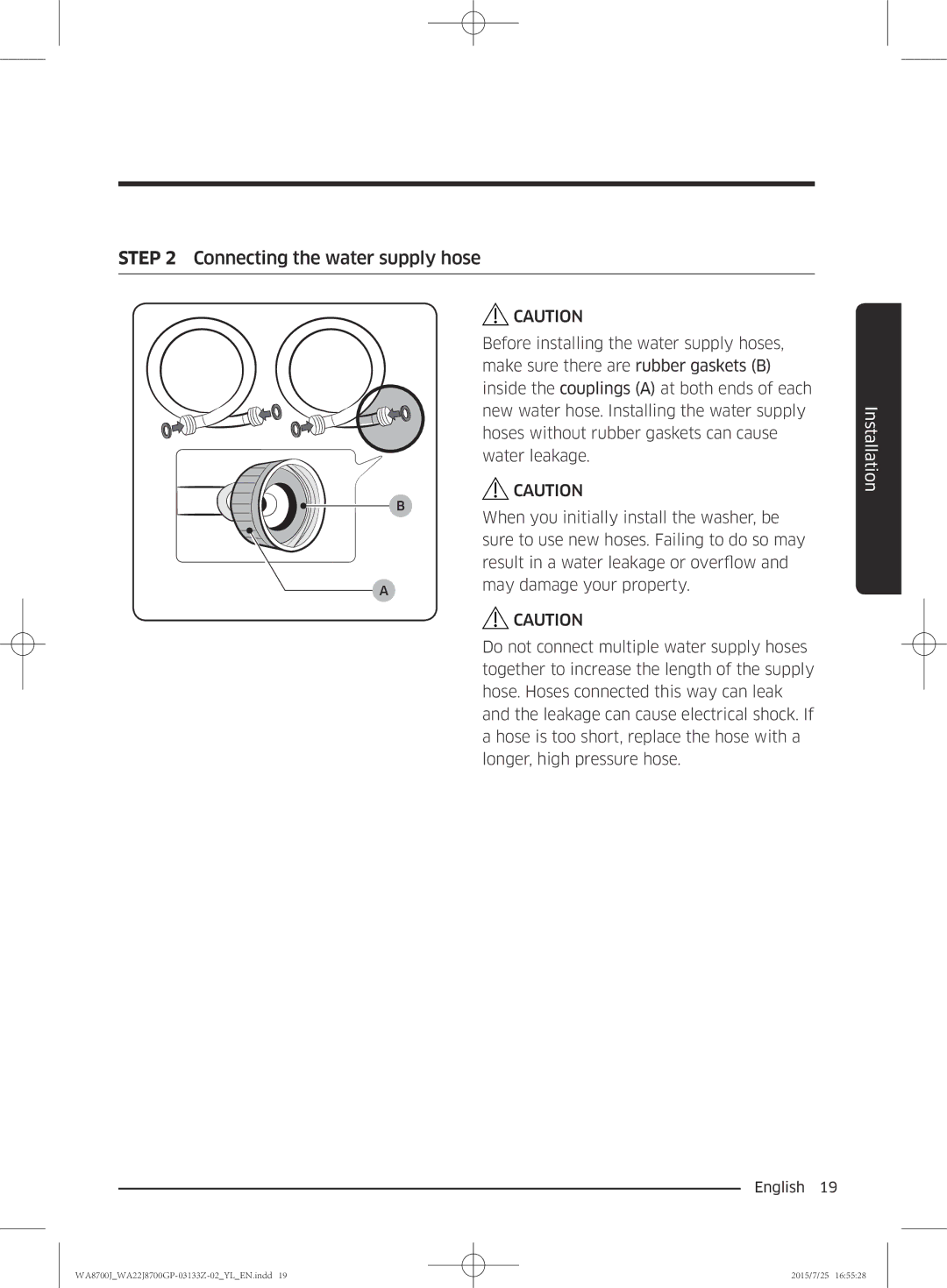 Samsung WA22J8700GP/YL manual Connecting the water supply hose 